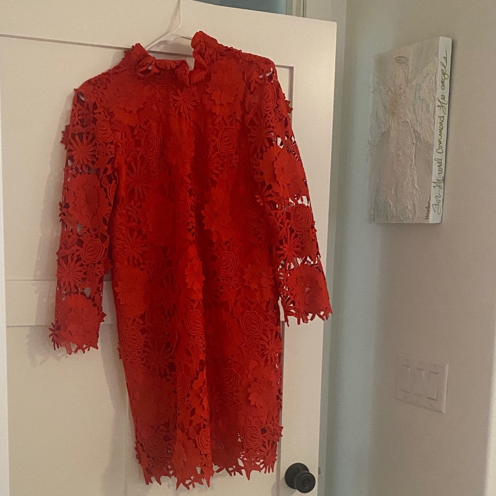 Tuckernuck Daphne Bow Neck Red Lace Long Sleeve Dress Size Small